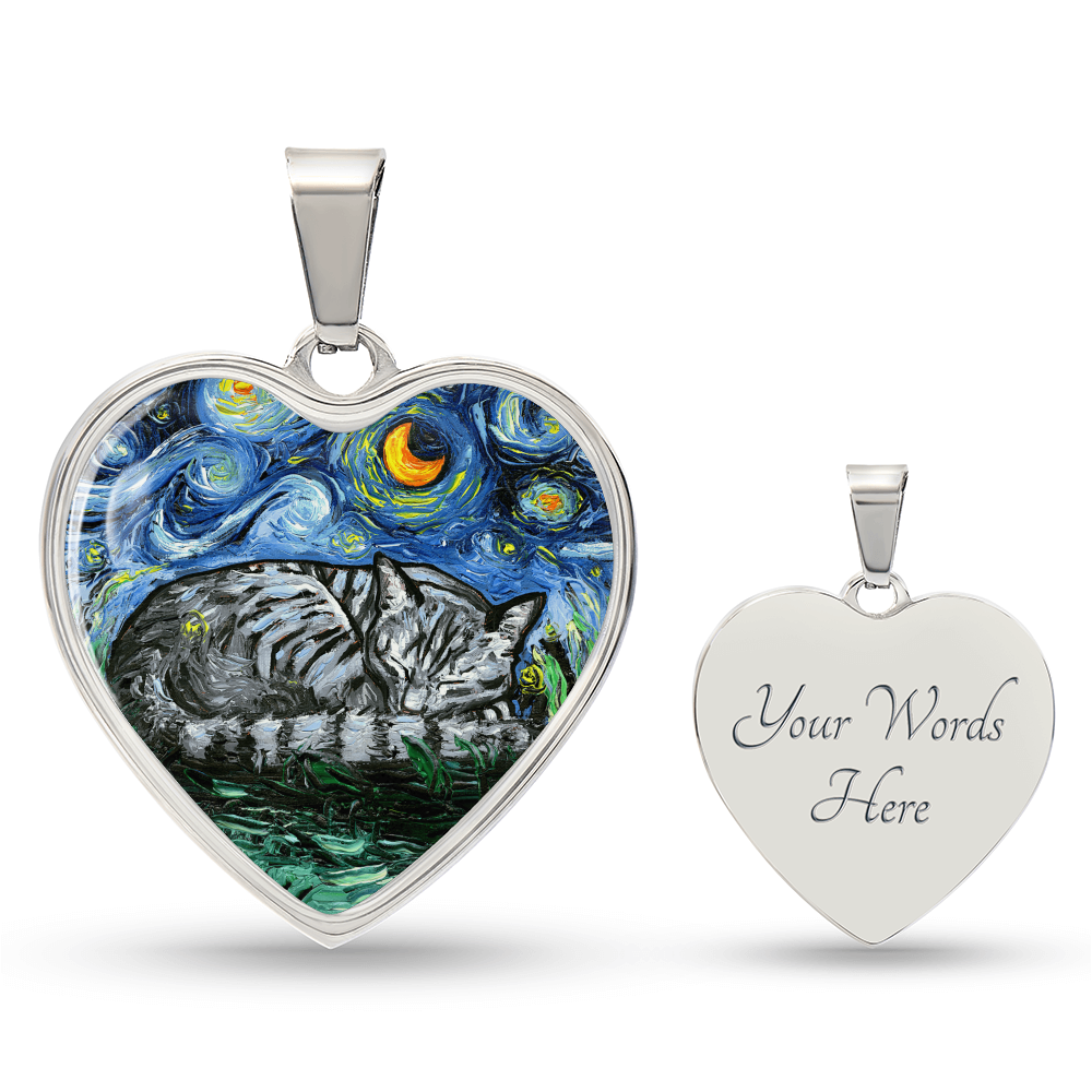 Sleeping Gray Tabby Cat Starry Night Heart Necklace