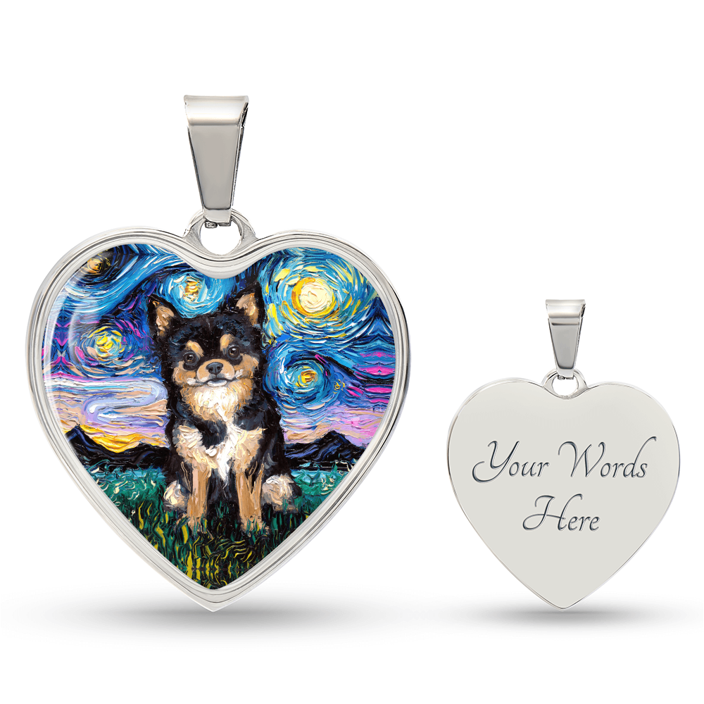 Long Hair Black and Tan Chihuahua Starry Night Heart Necklace