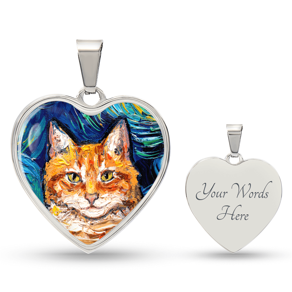 Orange Tabby Cat Portrait Starry Night Heart Necklace