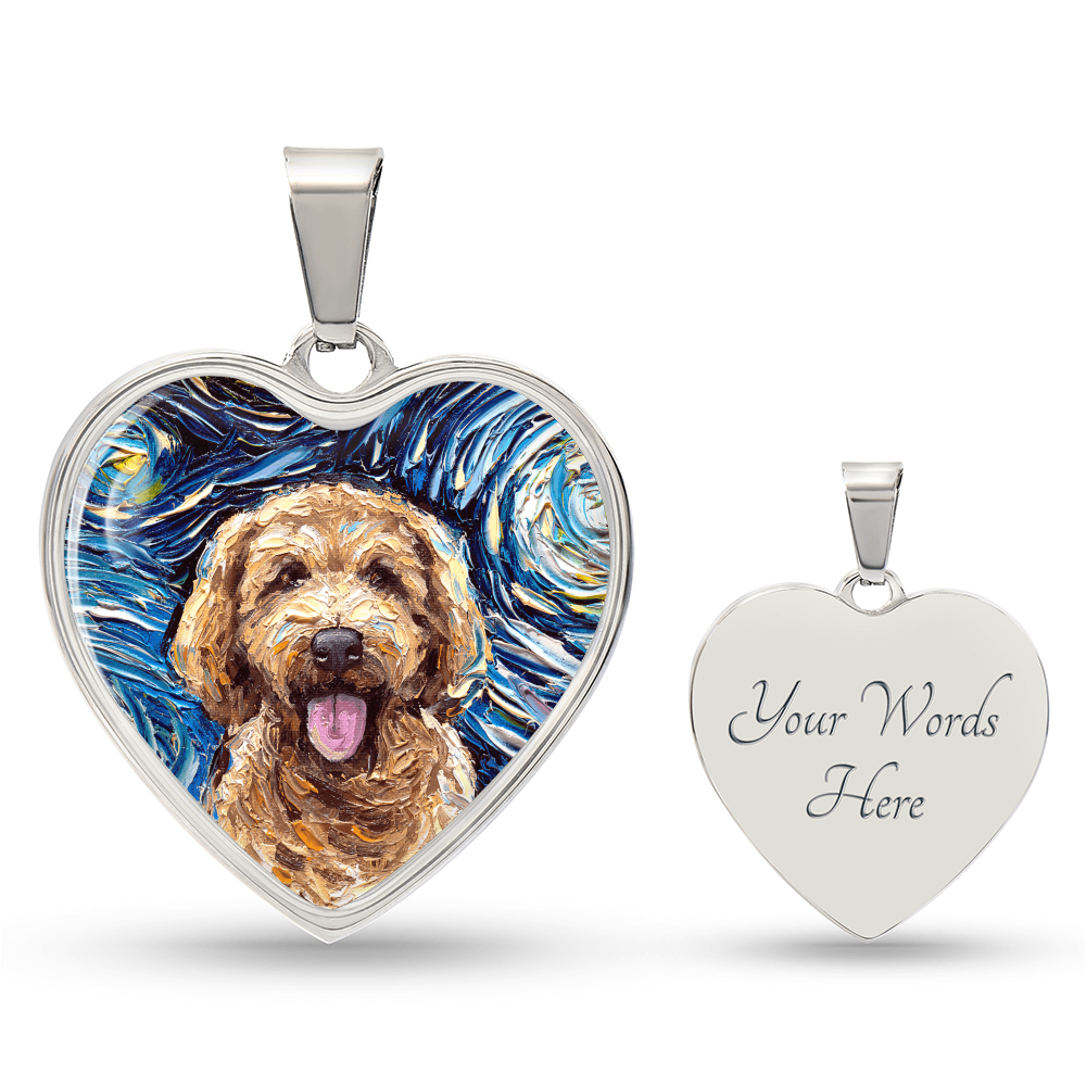 Goldendoodle Portrait Starry Night Heart Necklace