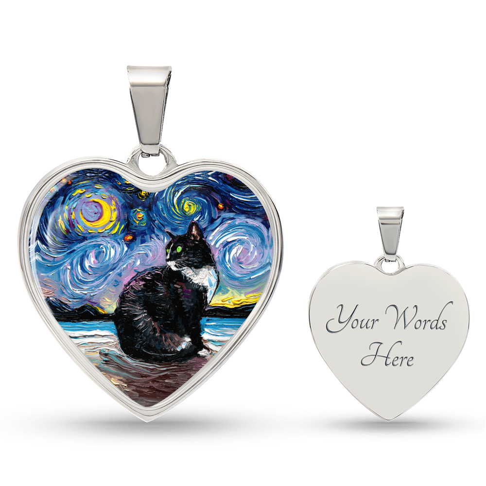 Tuxedo Cat with Green Eyes and White up nose Starry Night Heart Necklace