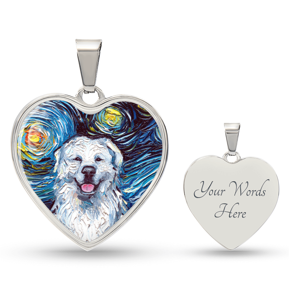 Great Pyrenees Portrait Starry Night Heart Necklace