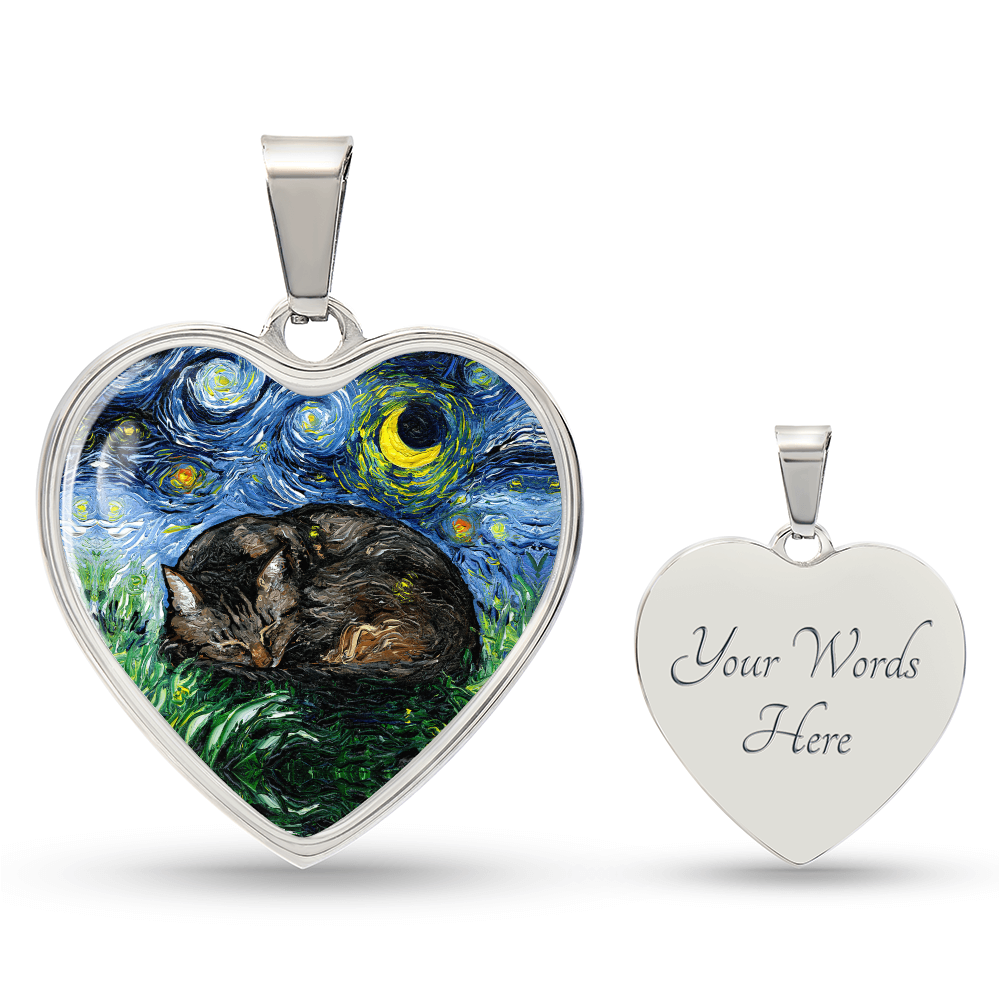 Sleeping Brown Tabby Starry Night Heart Necklace
