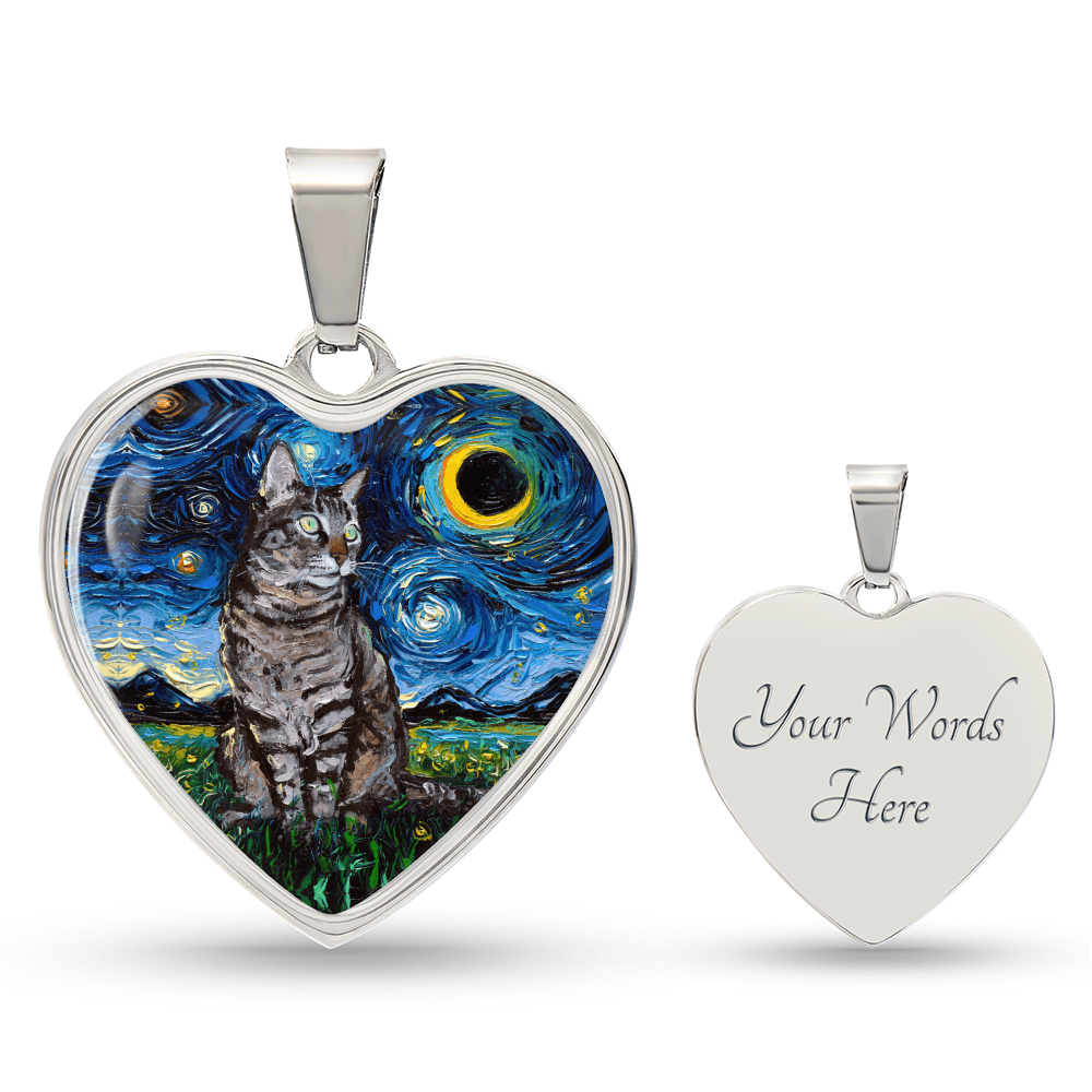 Tabby Cat Starry Night Heart Necklace