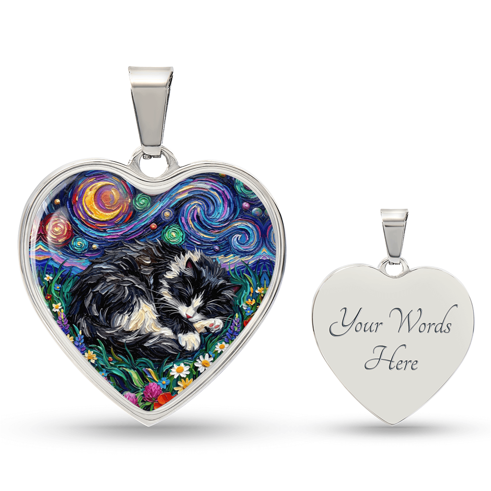 Sleepy Long Hair Tuxedo Heart Necklace