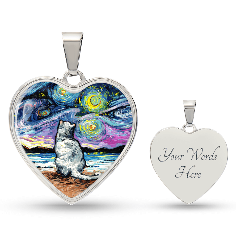 White Cat Beach Starry Night Heart Necklace