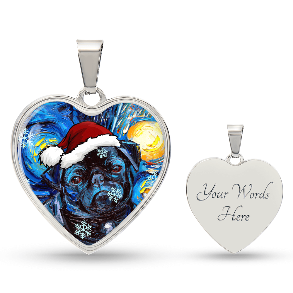 Santa Black Pug Heart Necklace