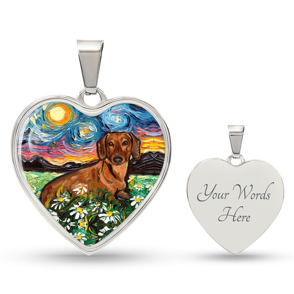 Brown Dachshund with Flowers Starry Night Heart Necklace