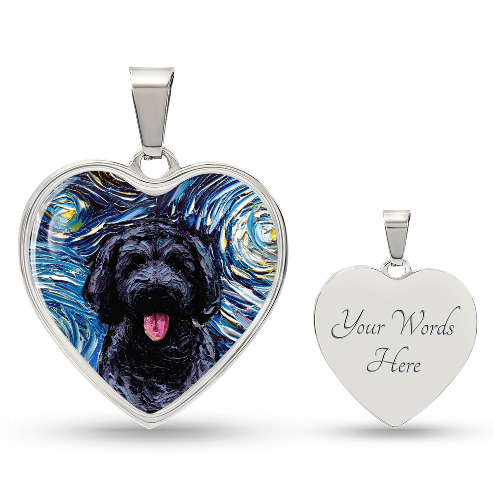 Black Goldendoodle Portrait Starry Night Heart Necklace