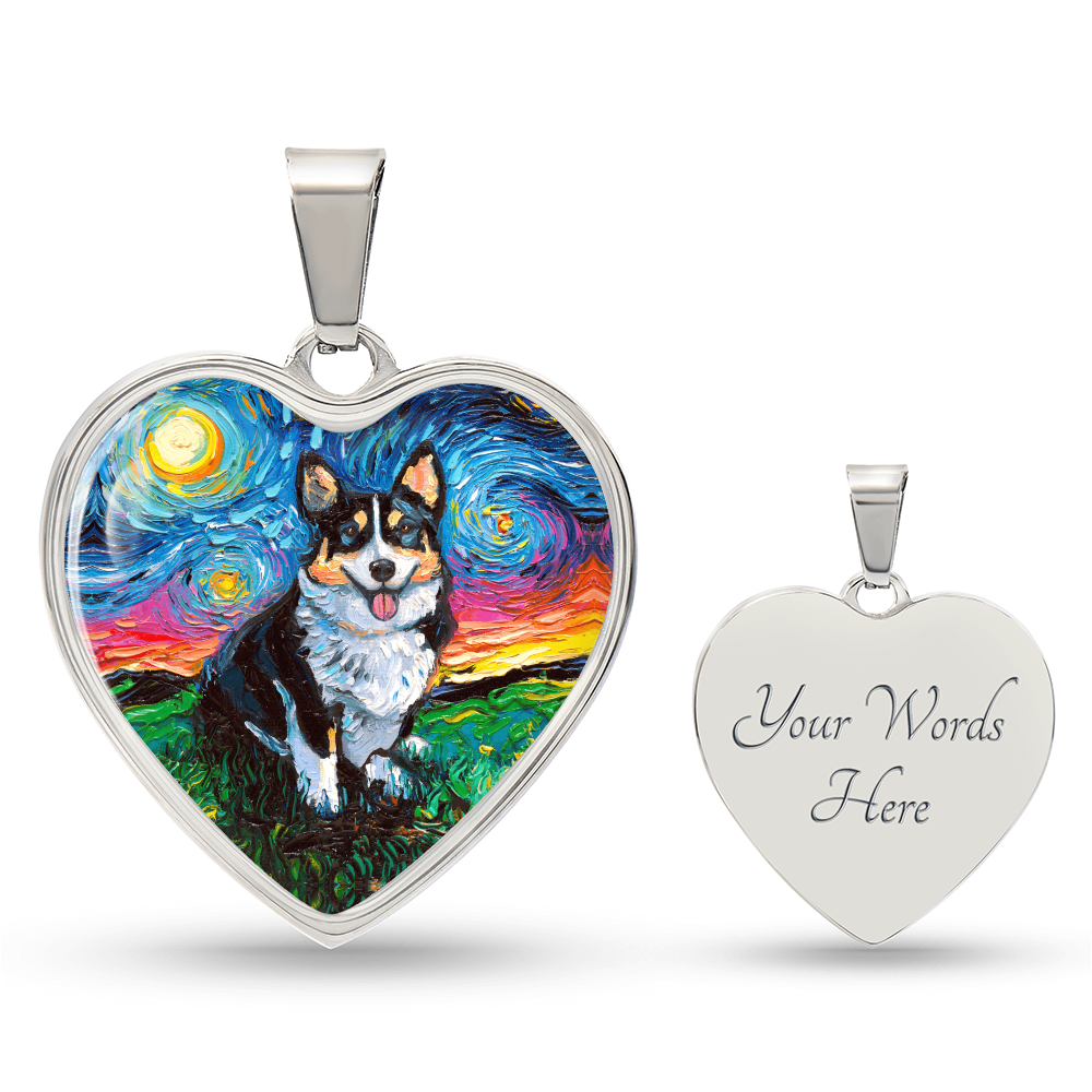 Tri Color Corgi Starry Night Heart Necklace