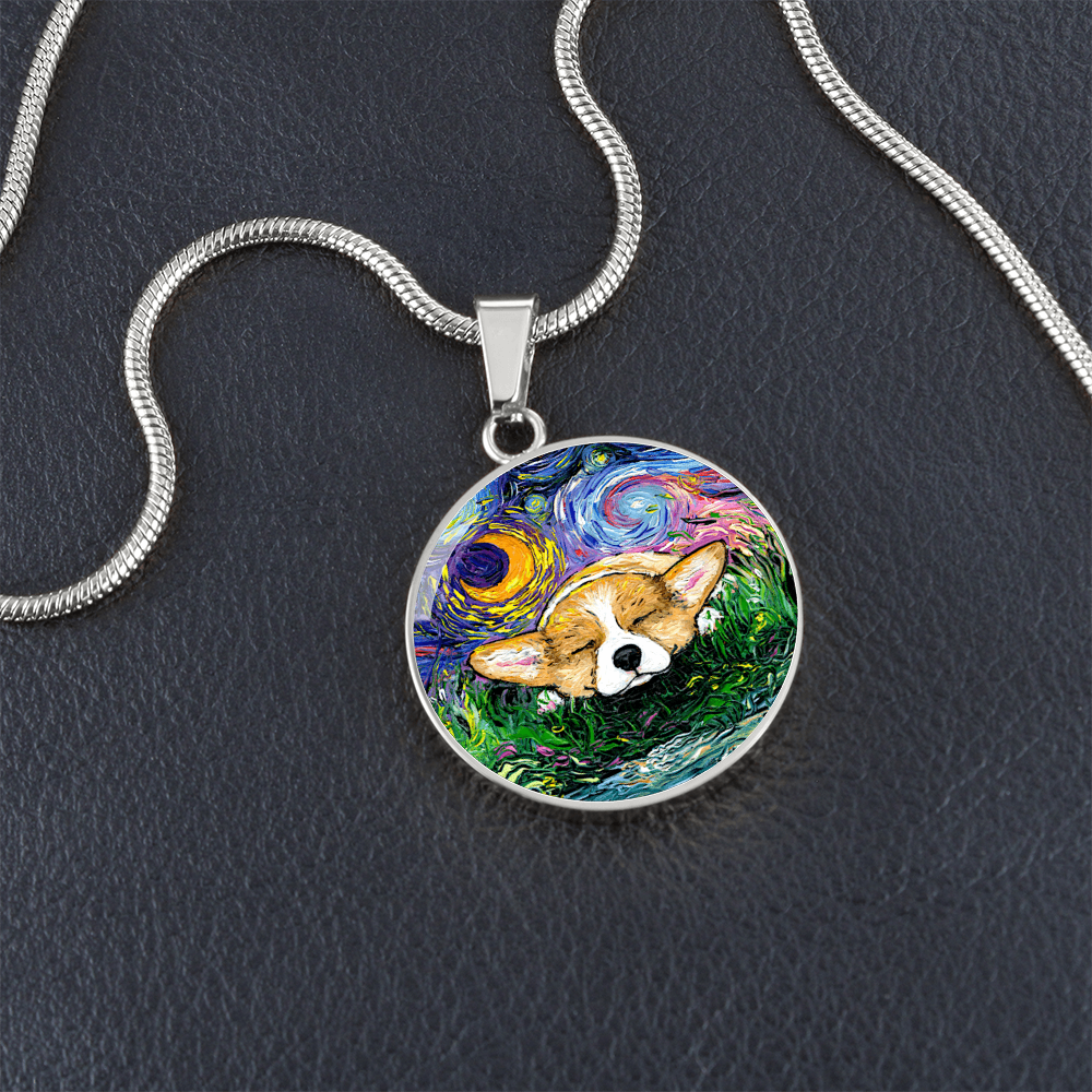 Sleeping Corgi Starry Night Round Necklace