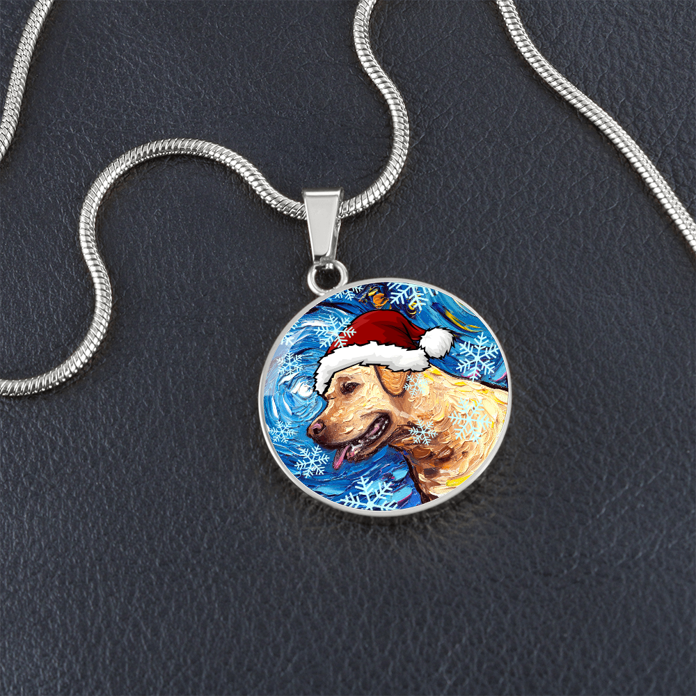 Yellow Labrador In Santa Hat Starry Night Round Necklace