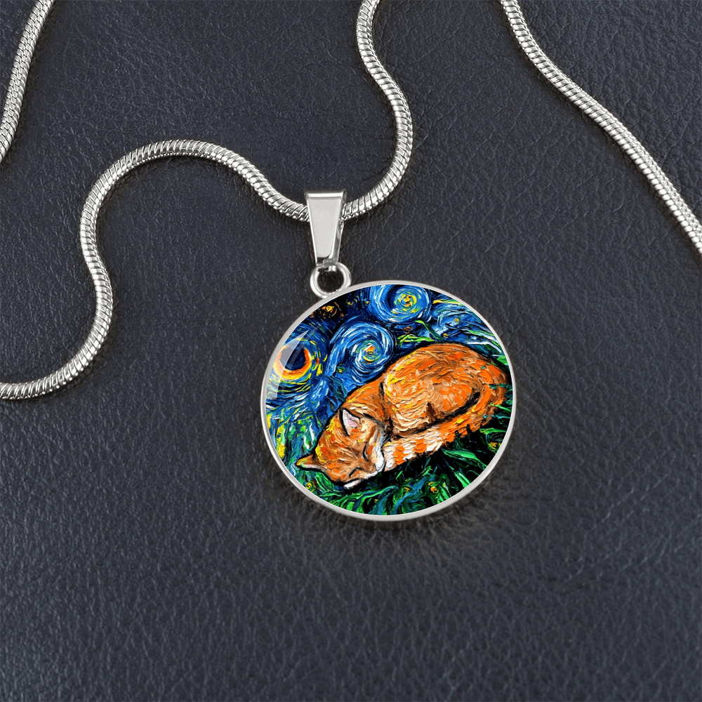 Sleeping Orange Tabby Cat Starry Night Round Necklace