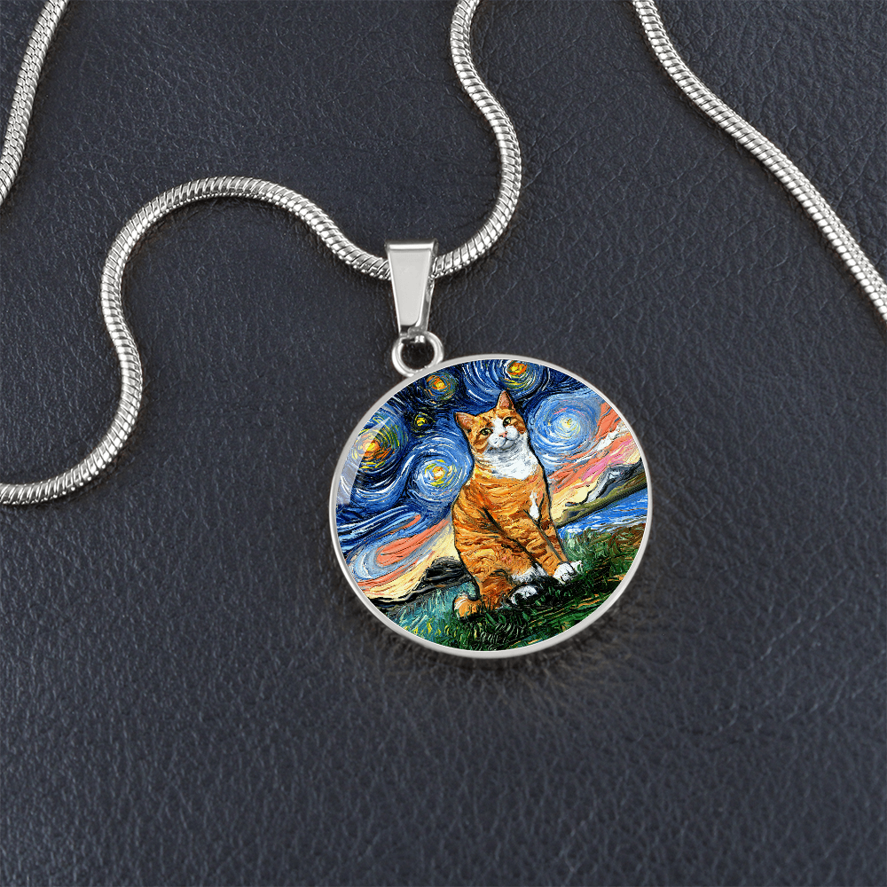Orange Tuxedo Tabby Starry Night Round Pendant