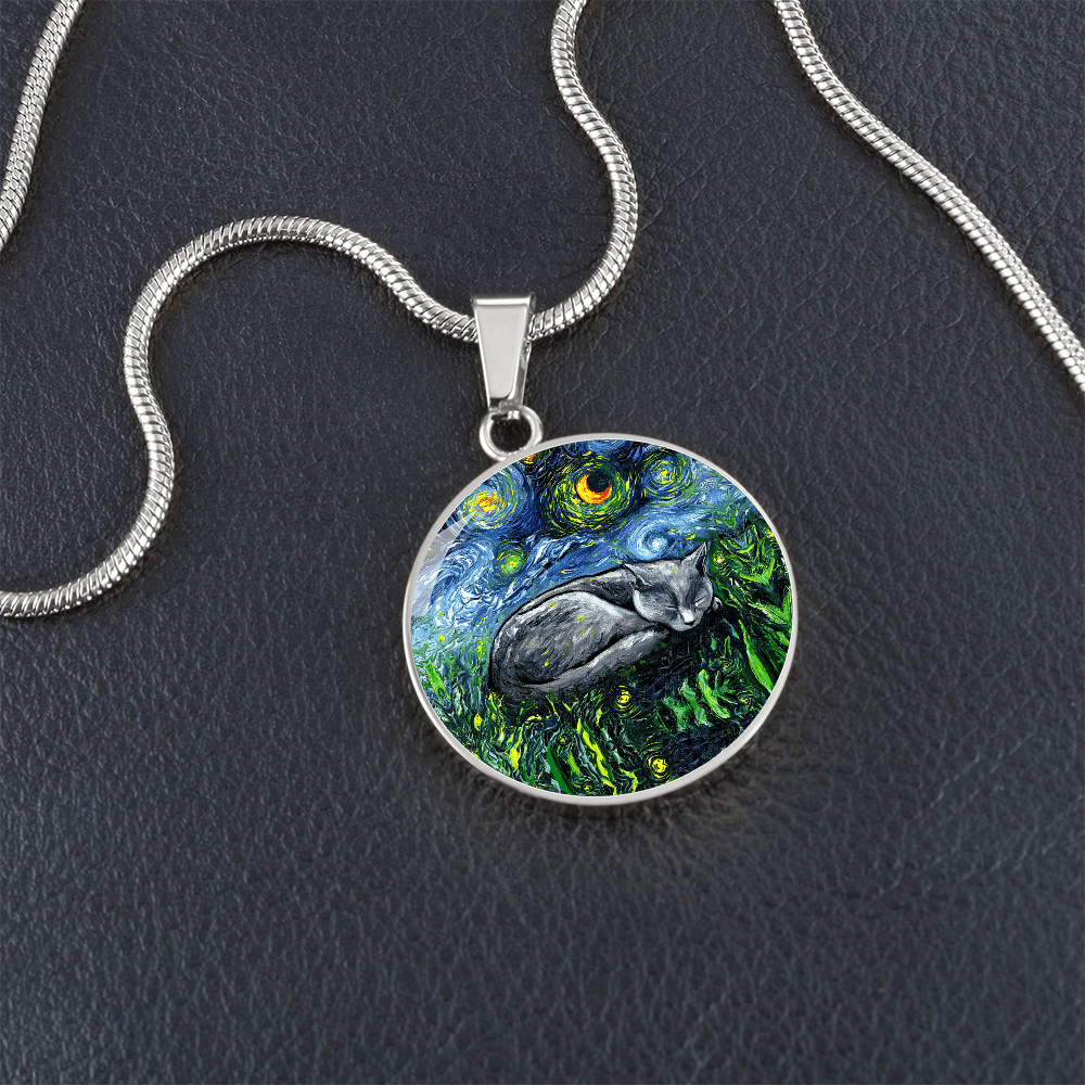 Sleeping Russian Blue Cat Starry Night Round Necklace