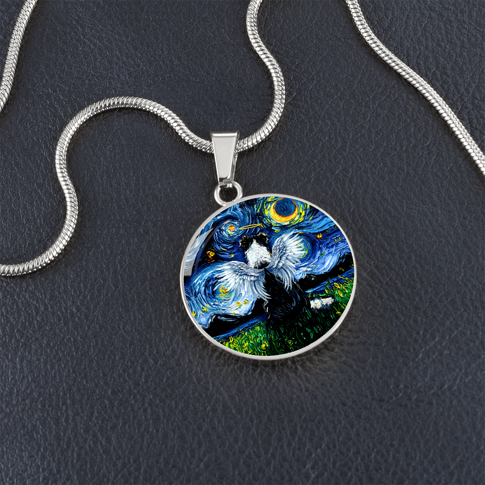 Angel Border Collie Starry Night Round Necklace