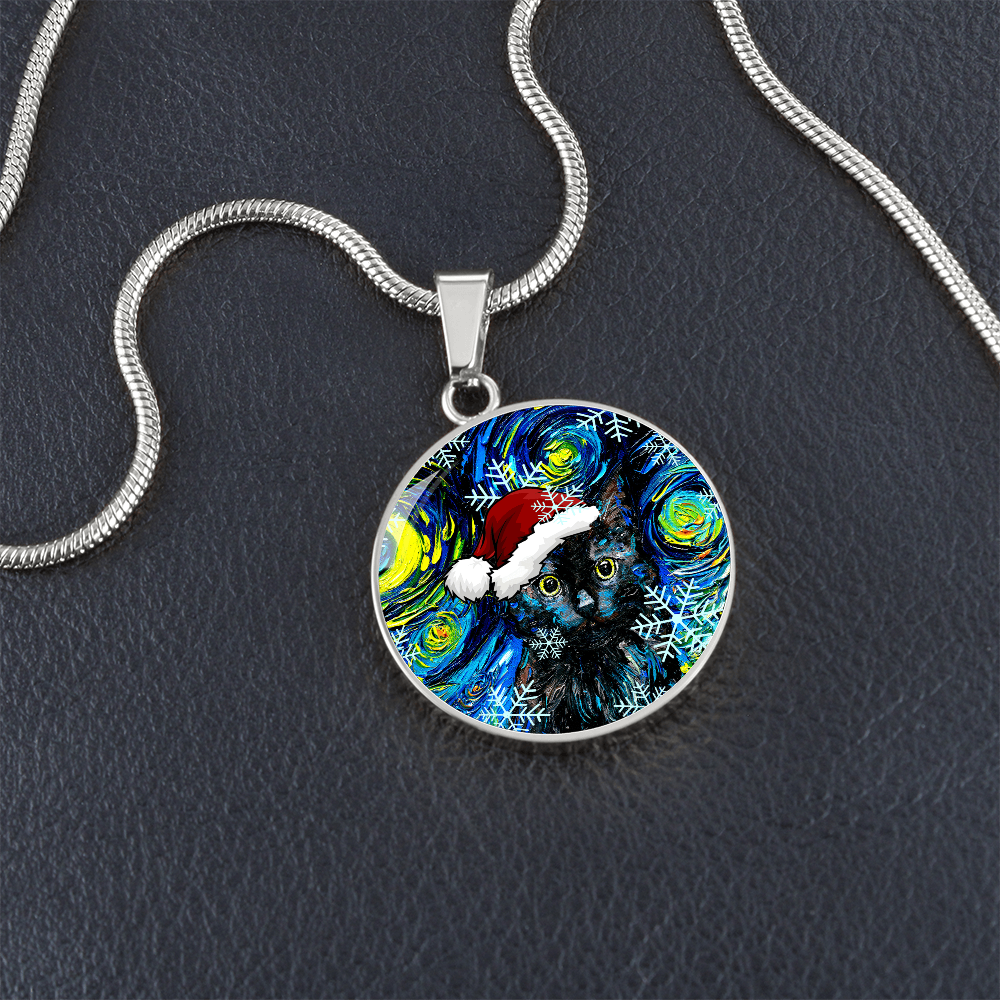 Black Cat In Santa Hat Starry Night Round Necklace