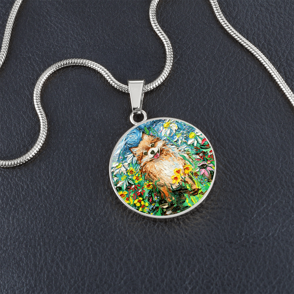 Happy Pomeranian Starry Night Round Necklace