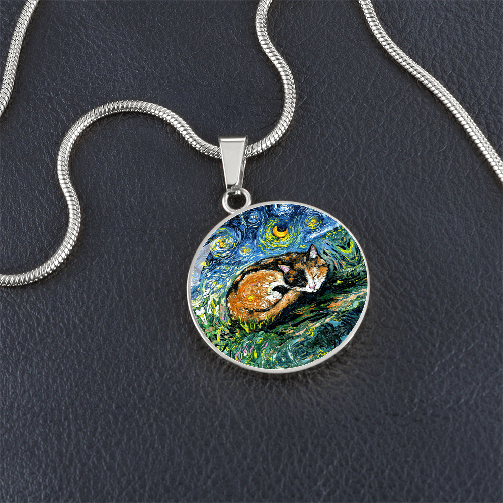 Sleeping Calico Cat Starry Night Round Necklace