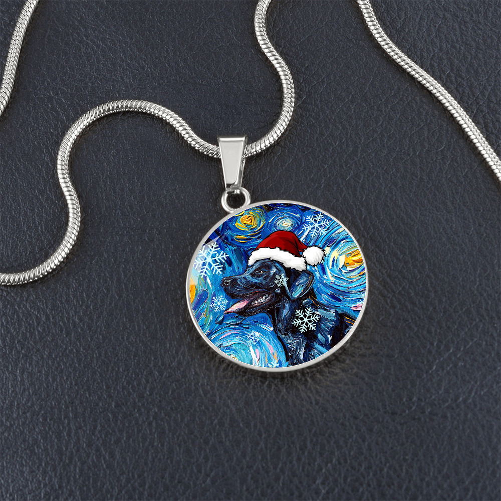 Santa Black Labrador Starry Night Round Necklace