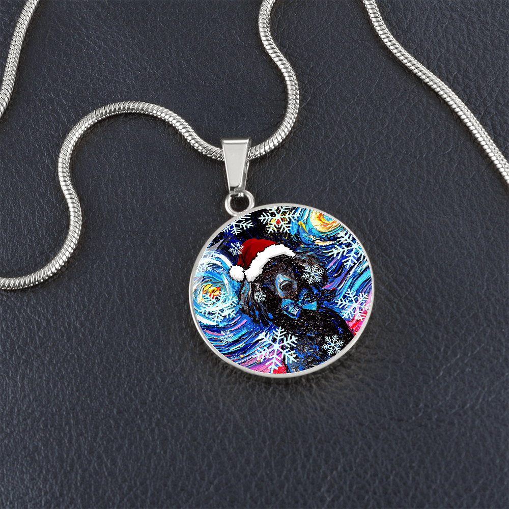 Santa Black Poodle Starry Night Round Necklace