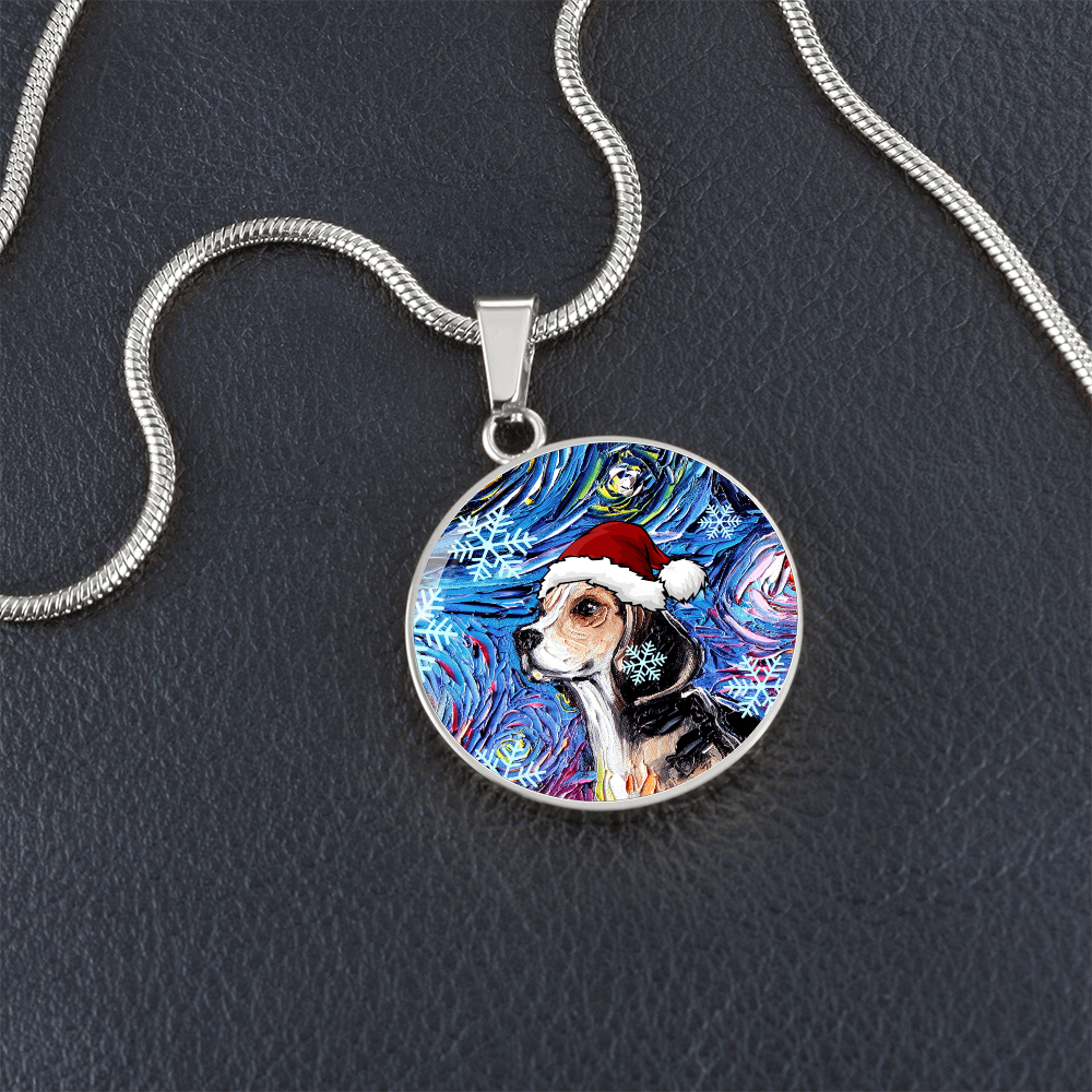 Beagle In Santa Hat Starry Night Round Necklace