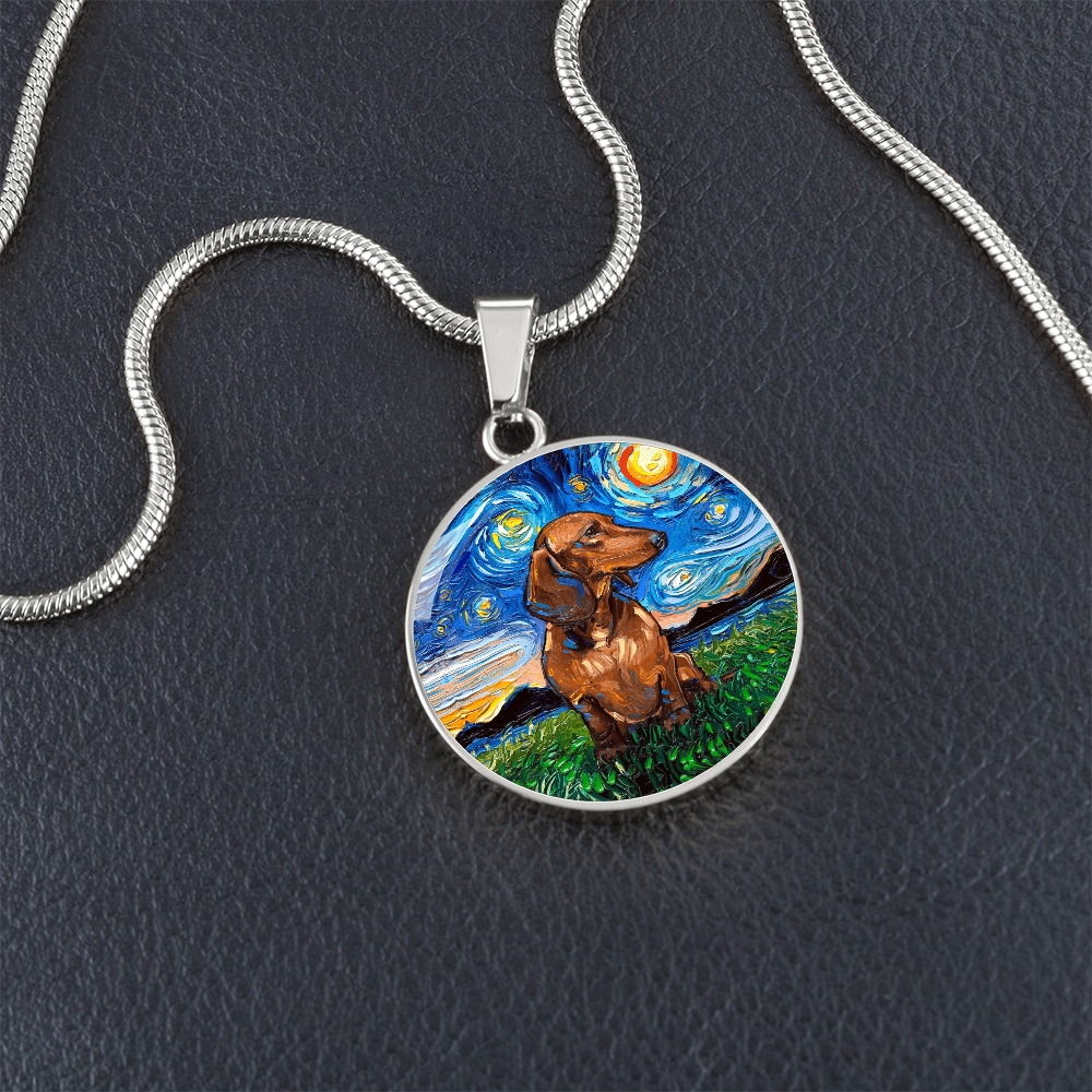 Brown Dachshund Starry Night Round Necklace