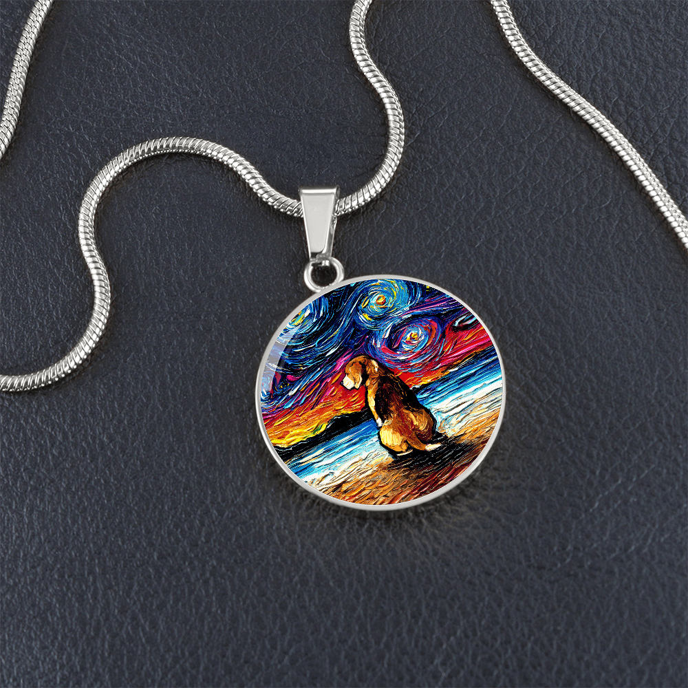 Beagle at the Beach Starry Night Round Necklace