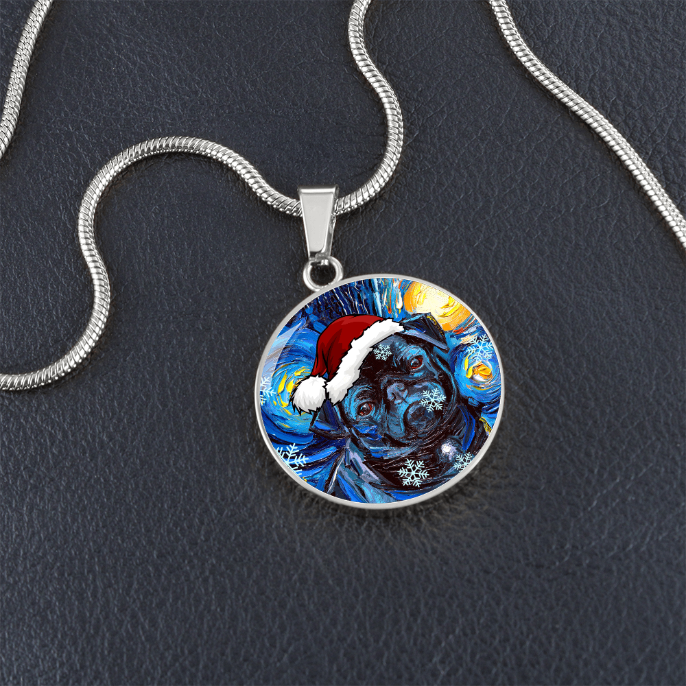 Santa Black Pug Starry Night Round Necklace