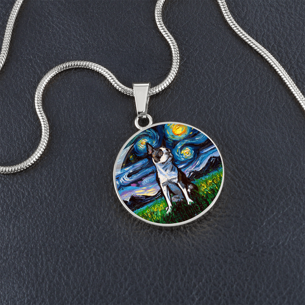 Boston Terrier Starry Night Round Necklace