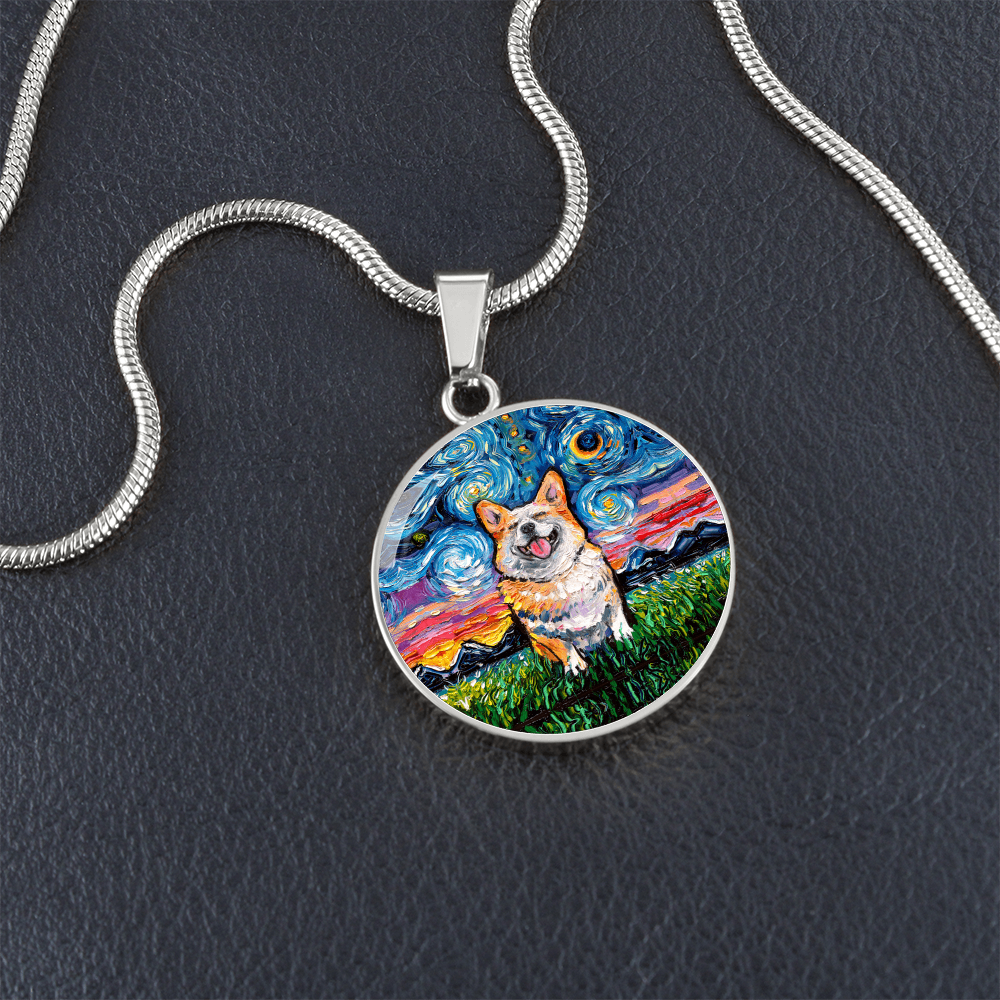 Smiling Corgi Starry Night Round Necklace