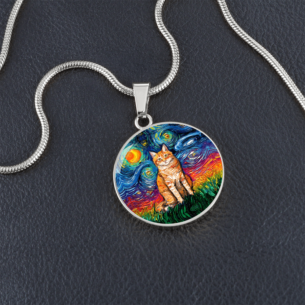 Seated Orange Tabby Cat Starry Night Heart Necklace