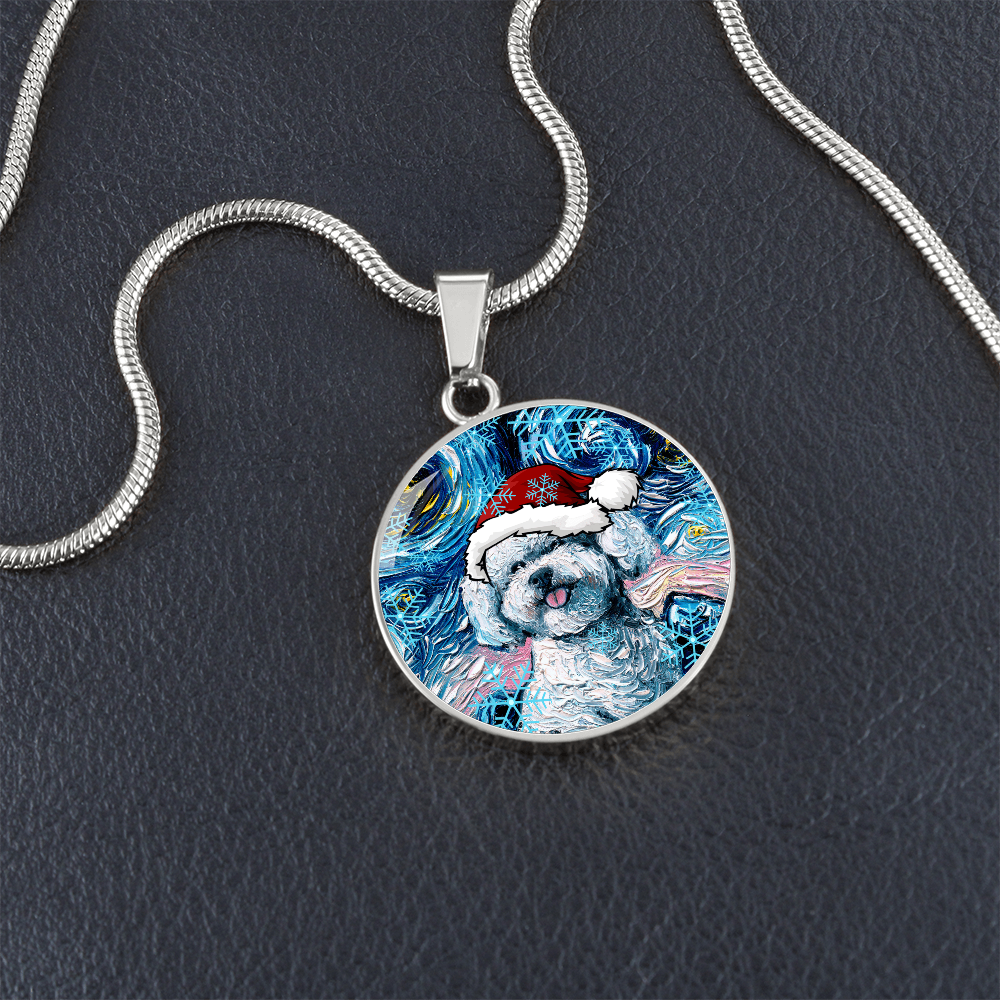 Bichon Frise In Santa Hat Starry Night Round Necklace