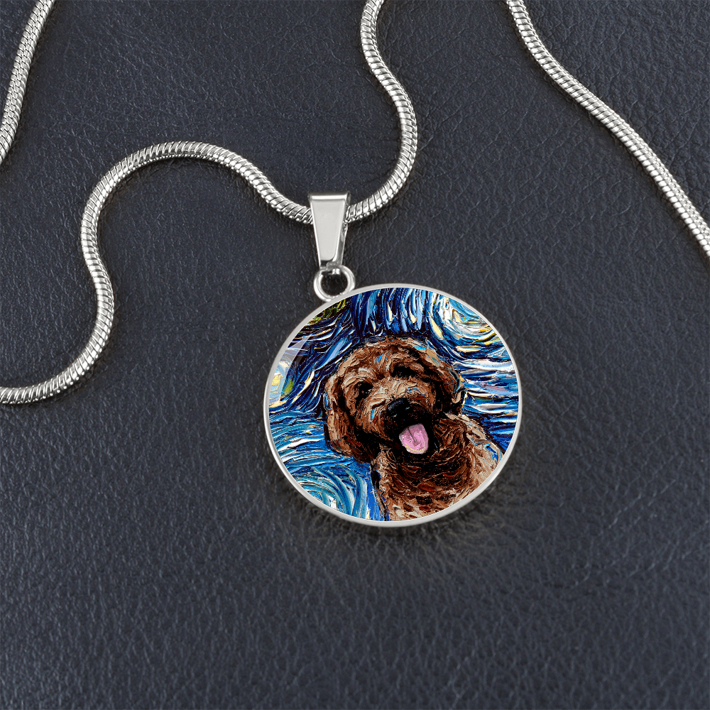 Chocolate Goldendoodle Starry Night Round Necklace
