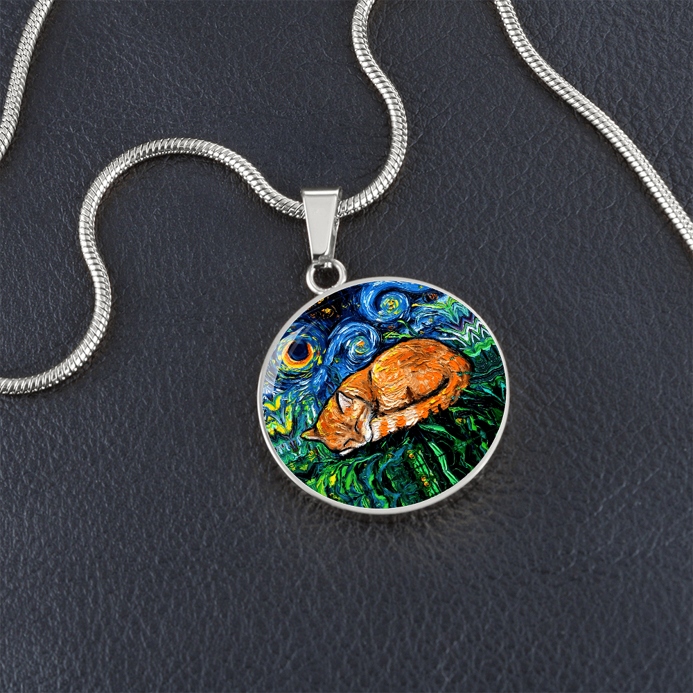 Sleeping Orange Tabby Cat Starry Night Round Necklace