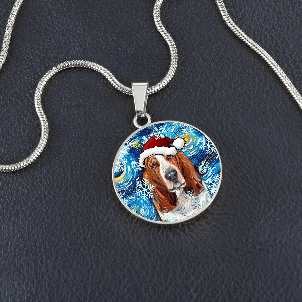 Basset Hound In Santa Hat Starry Night Round Necklace.