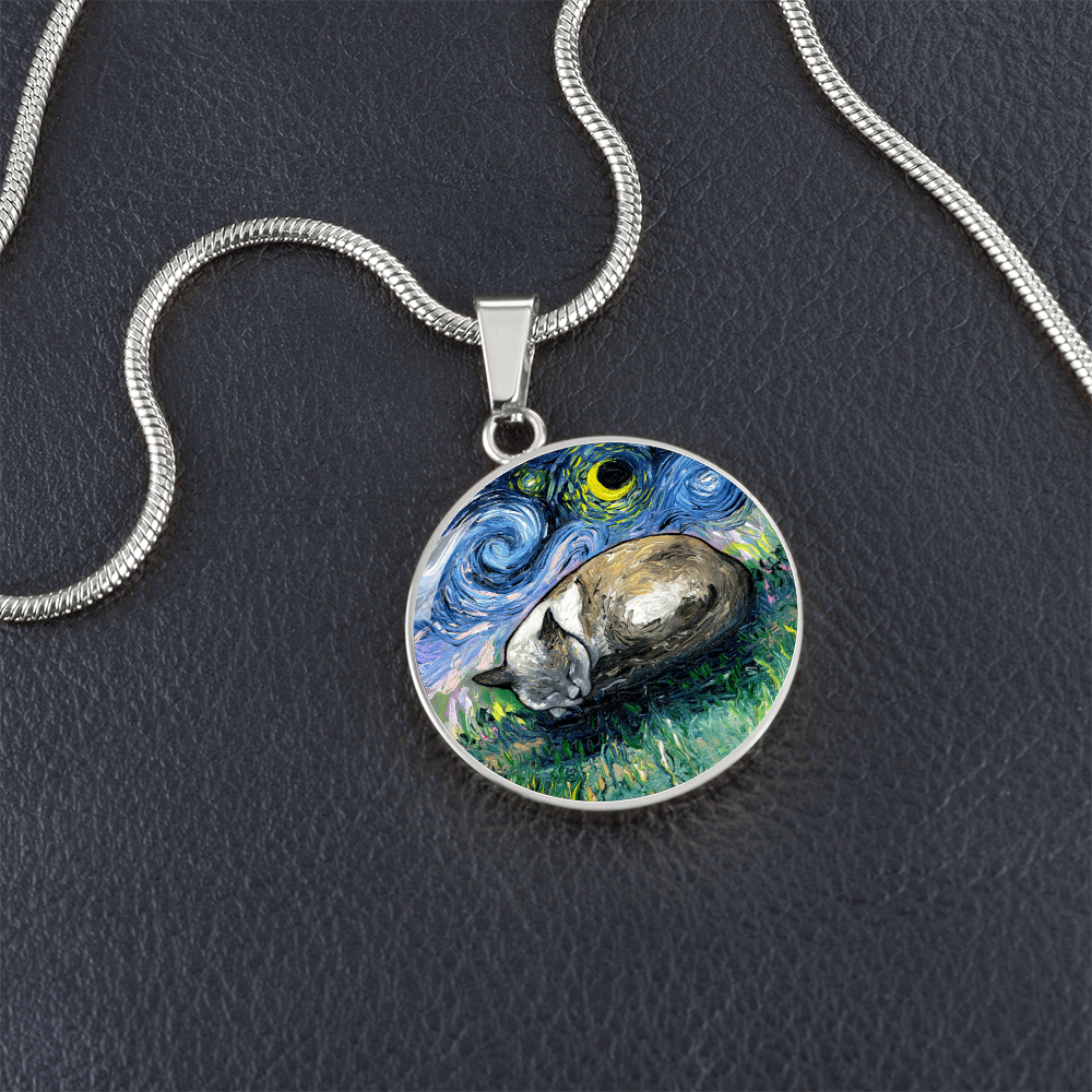 Sleeping Siamese Cat Starry Night Round Necklace