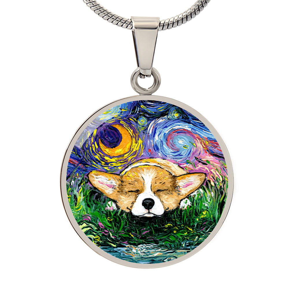 Sleeping Corgi Starry Night Round Necklace