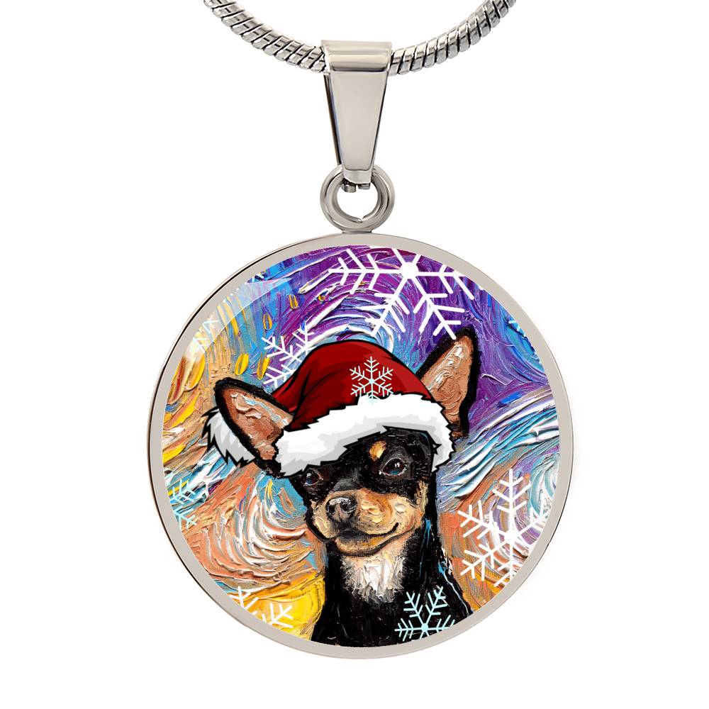 Black and Tan Chihuahua In Santa Hat Starry Night Round Necklace