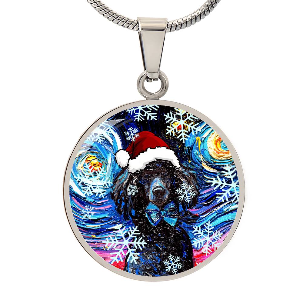 Santa Black Poodle Starry Night Round Necklace
