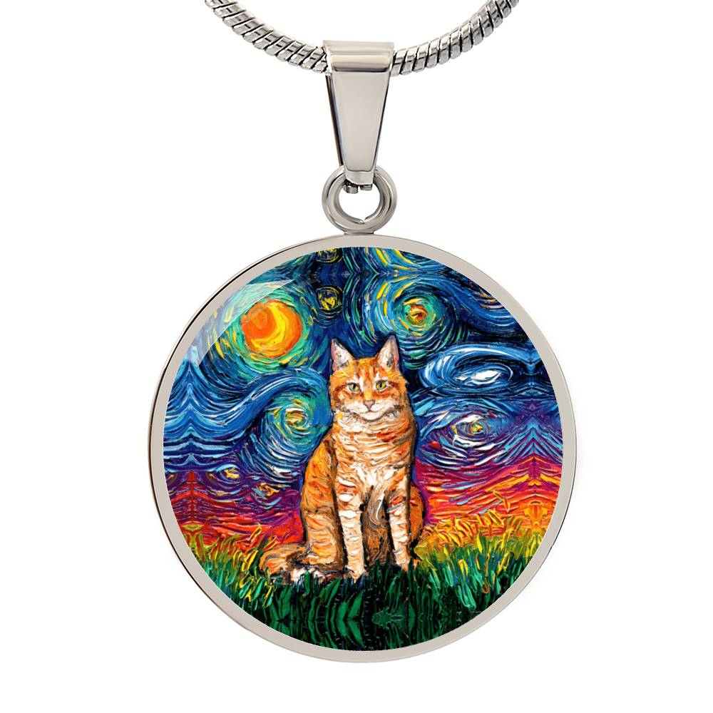 Seated Orange Tabby Cat Starry Night Heart Necklace