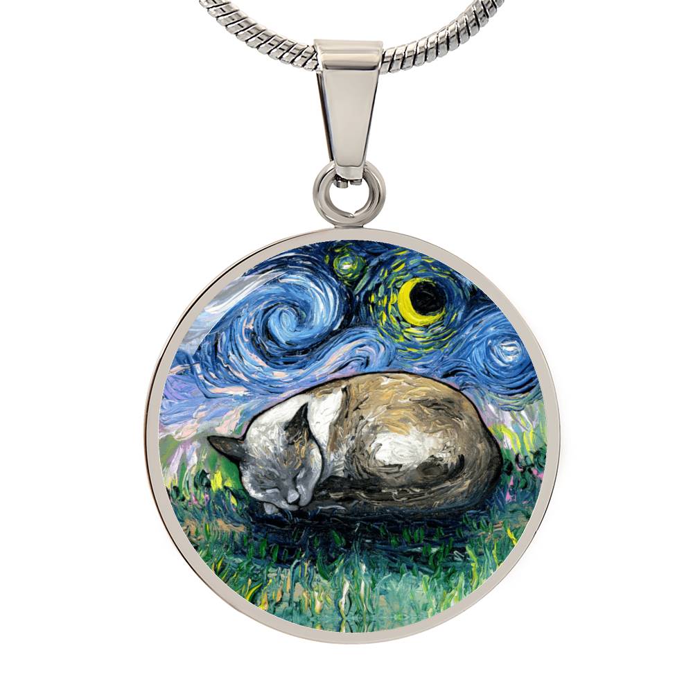 Sleeping Siamese Cat Starry Night Round Necklace