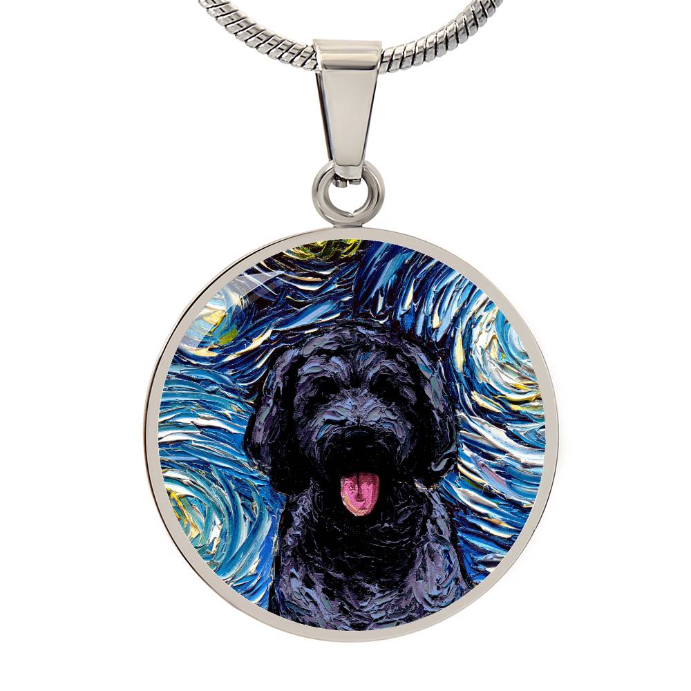 Black Goldendoodle Portrait Starry Night Round Necklace