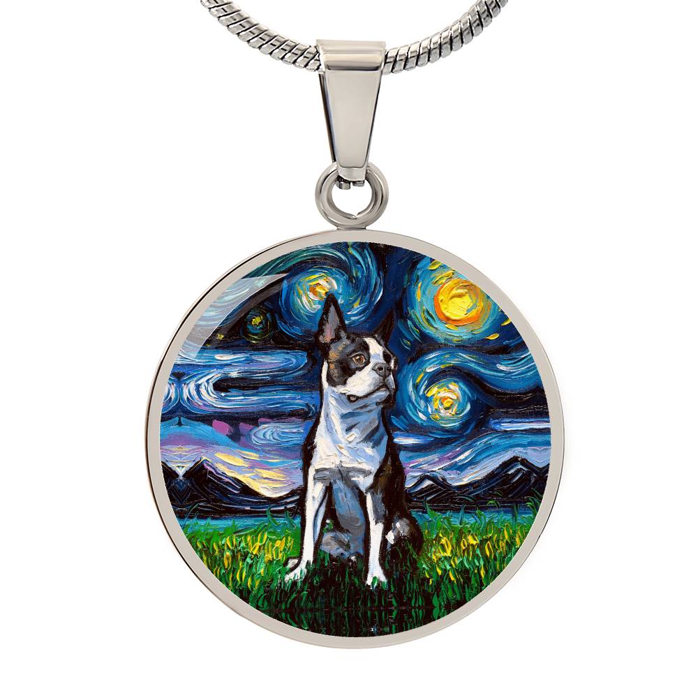 Boston Terrier Starry Night Round Necklace