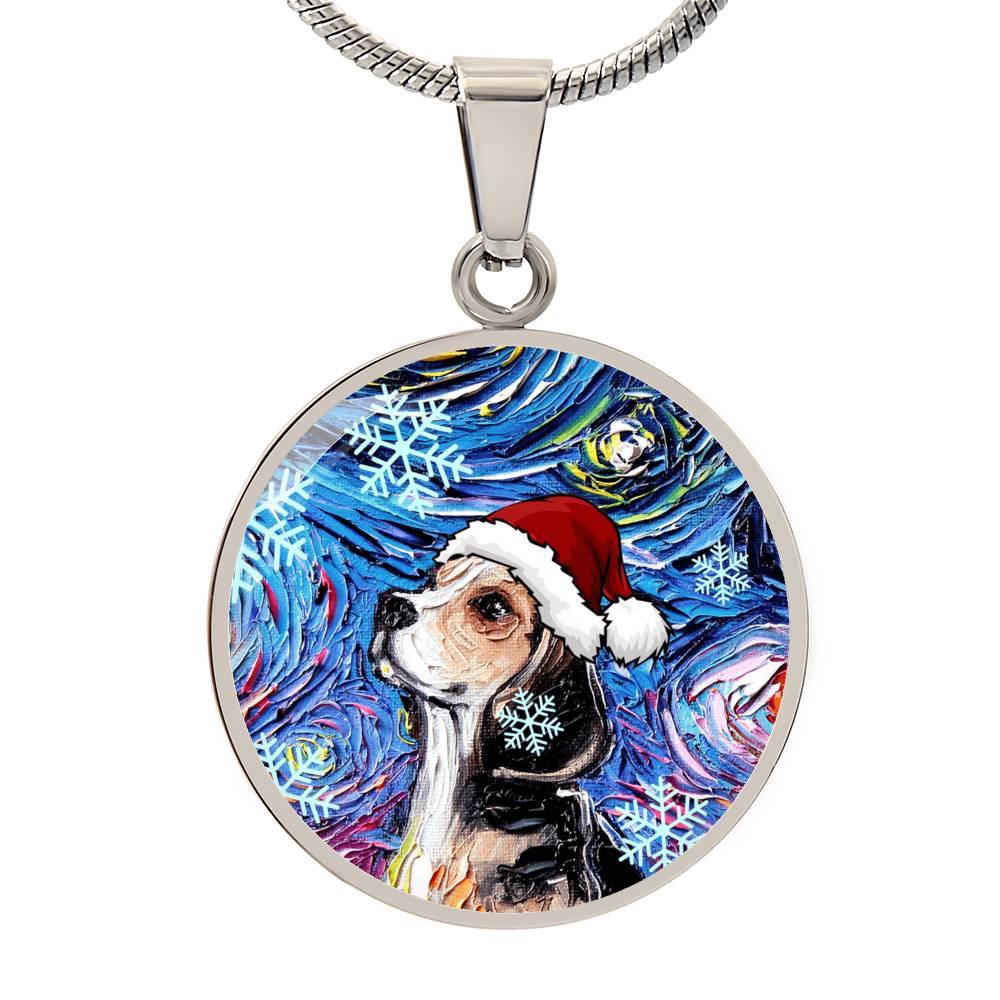 Beagle In Santa Hat Starry Night Round Necklace