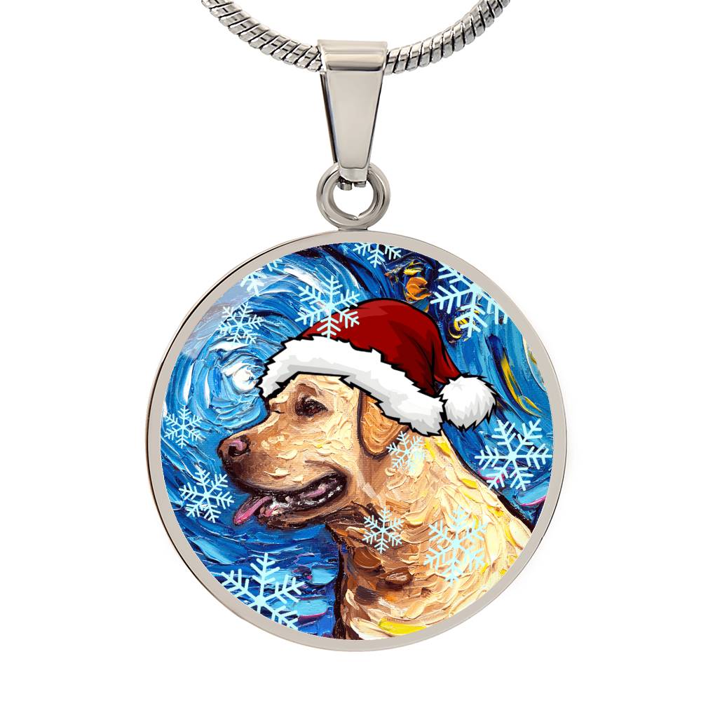 Yellow Labrador In Santa Hat Starry Night Round Necklace