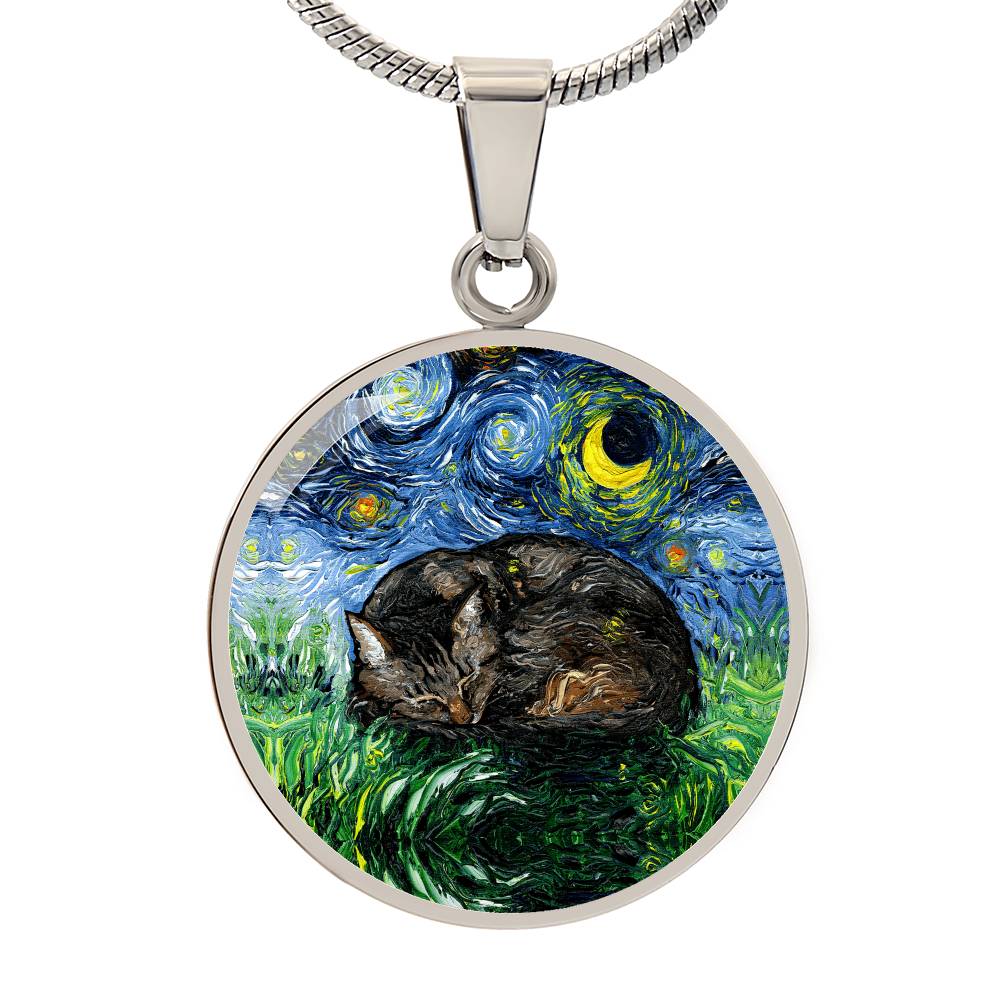 Sleeping Brown Tabby Starry Night Round Necklace