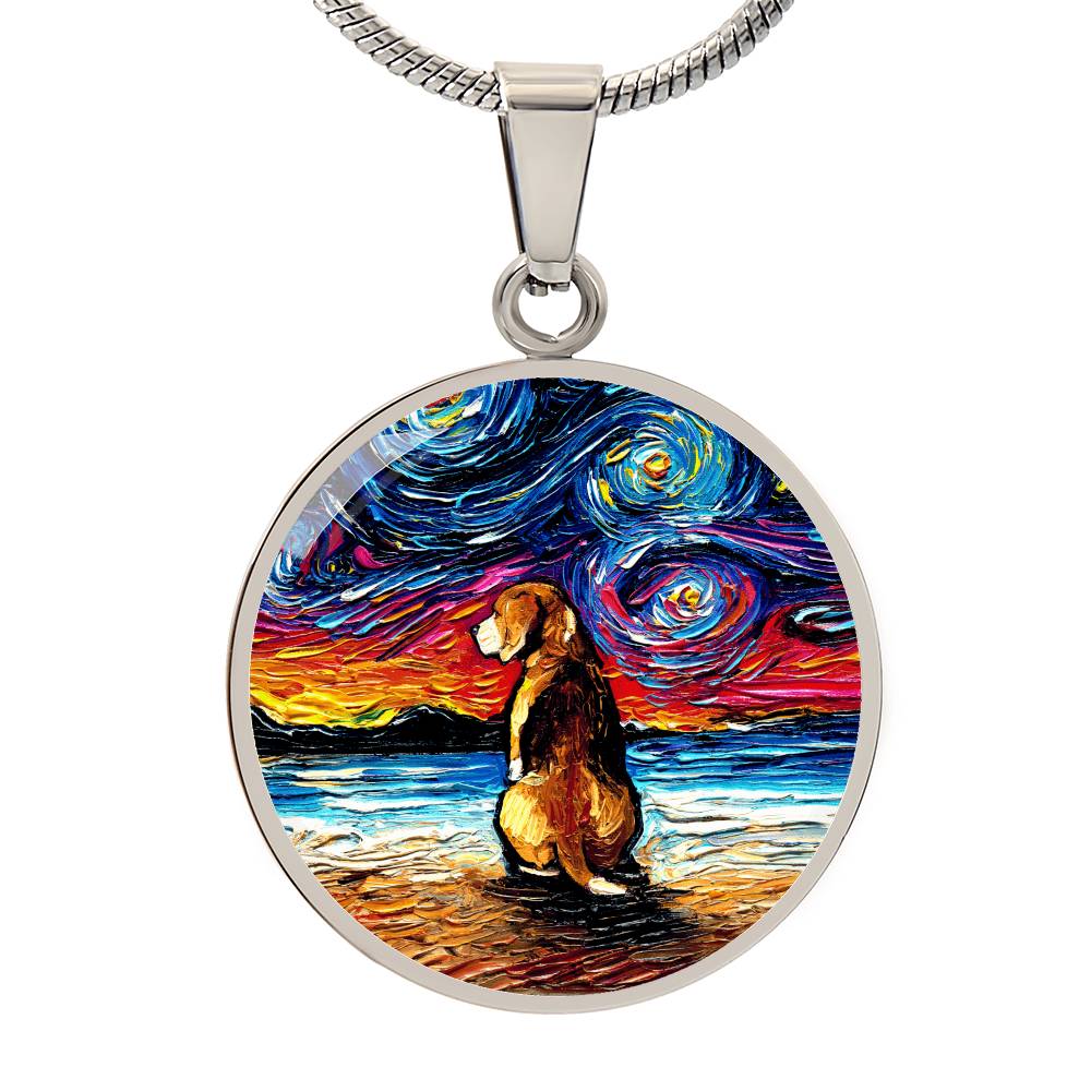 Beagle at the Beach Starry Night Round Necklace