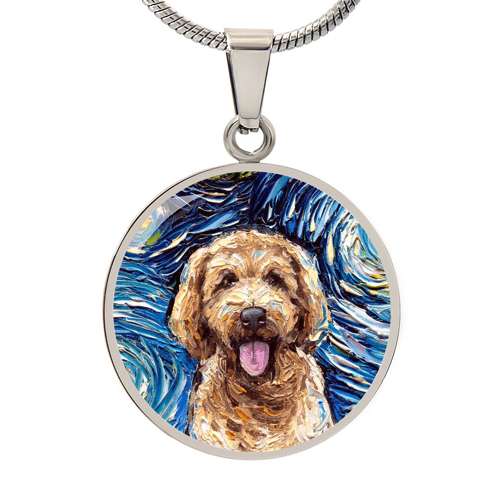 Goldendoodle Portrait Starry Night Round Necklace