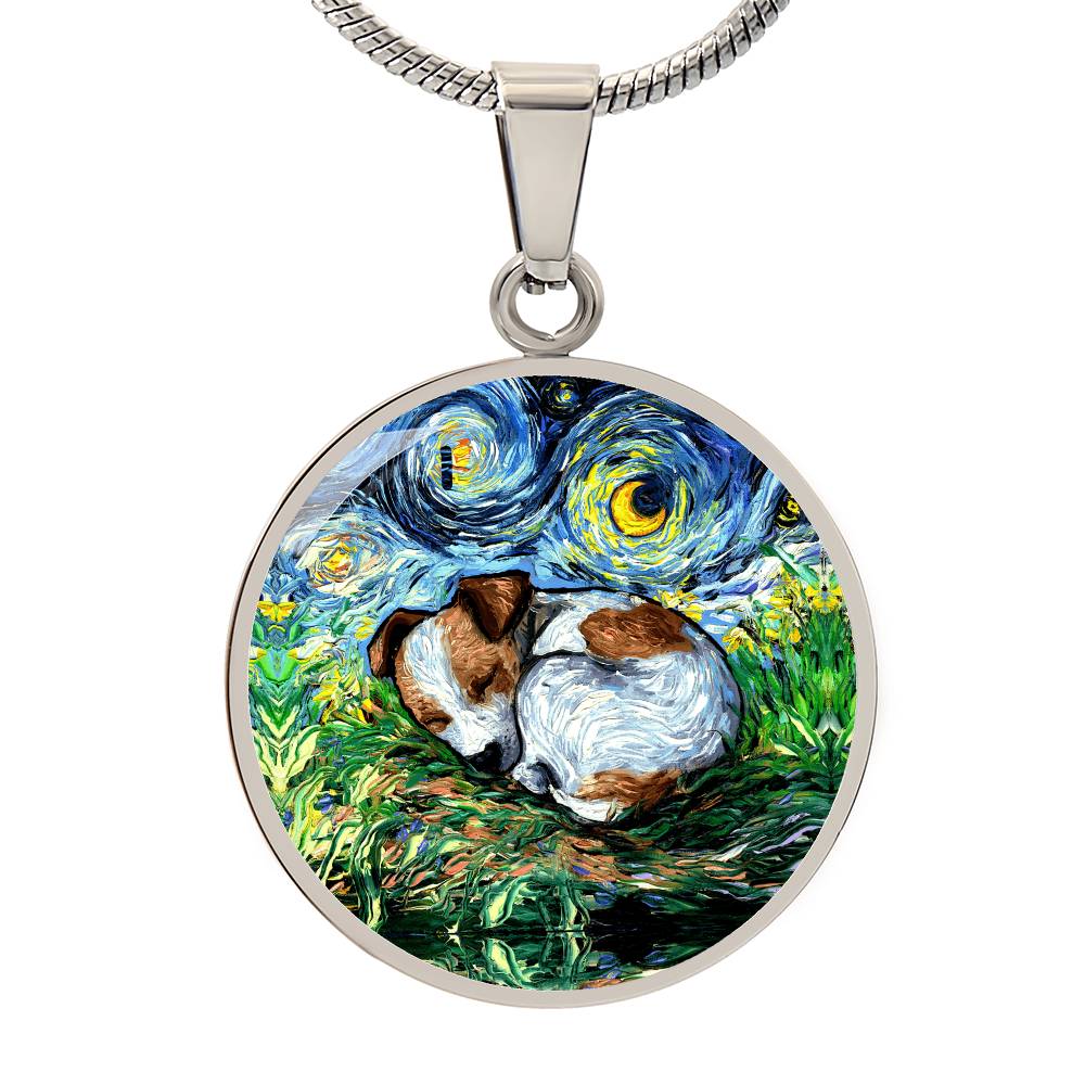 Sleeping Jack Russell Terrier Starry Night Round Necklace